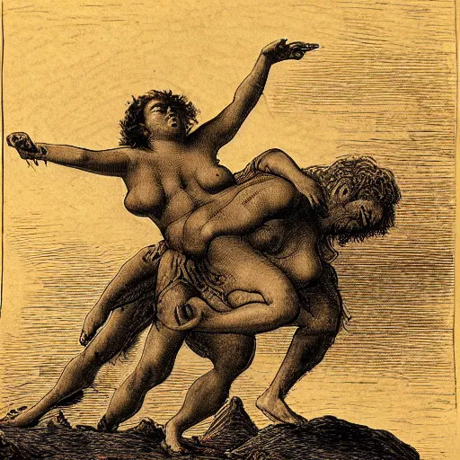 Image similar to Sisyphus carrying a fat lady on his shoulders up a mountain in hell, by Gustave Dore, rich colors, dark red orange brown black color palette