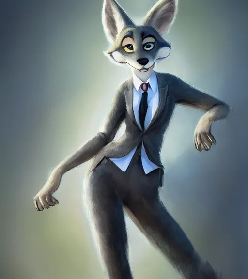 Image similar to oil painting of full body of anthromorphic female wolf, in style of zootopia, zootopia, zootopia, fursona, furry, furaffinity, 4 k, deviantart, furry art, fursona art, wearing black business suit, business suit, in style of zootopia, wolf fursona, cyberpunk, female, expressive detailed feminine face,