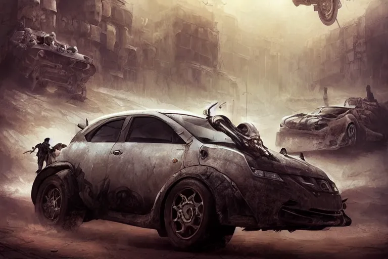 Prompt: a Nissan Tiida, in Mad Max style, coriolios rpg art style, full of details, dark sci-fi, white, matte painting, artstation, 8k, hyperrealistic, style of peter mohrbacher