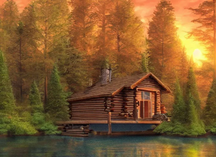 Image similar to a cabin in a forest by a lake with a sunset, realistic, digital painting, artstation