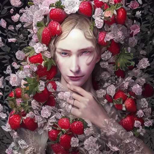 Image similar to the portrait of an absurdly beautiful, graceful, elegant, sophisticated, fashionable woman made of strawberries and white petals looking down, an ultrafine hyperdetailed illustration by kim jung gi, irakli nadar, intricate linework, bright colors, octopath traveler, final fantasy, unreal engine 5 highly rendered, global illumination, radiant light, detailed and intricate environment