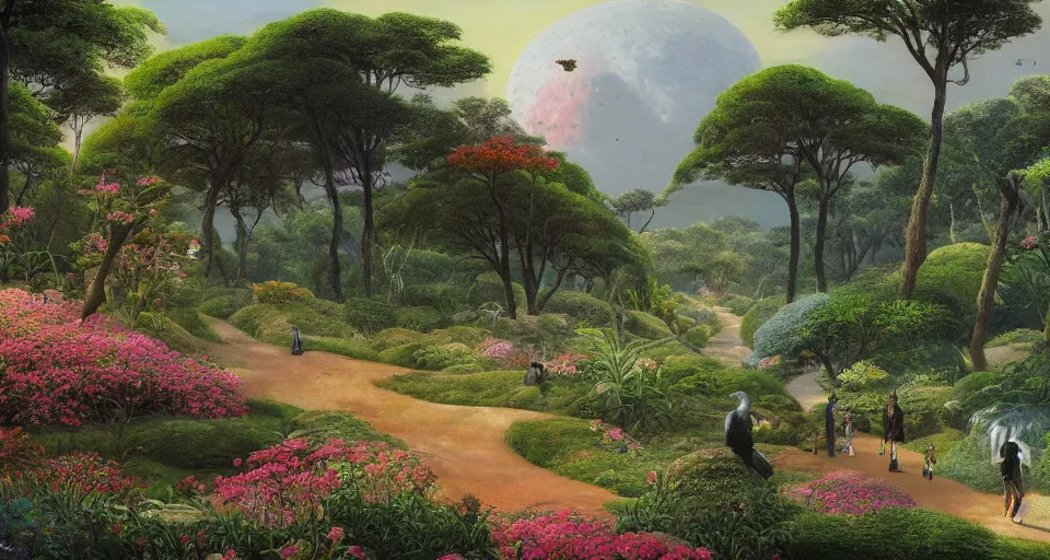 Prompt: a landscape on the moon with many craters, people walk along the paths, a beautiful flowering garden, birds, a lot of exotic vegetations, trees, intricate detaild, dim muted colors, 8 k, in the style of martin johnson heade and roger dean