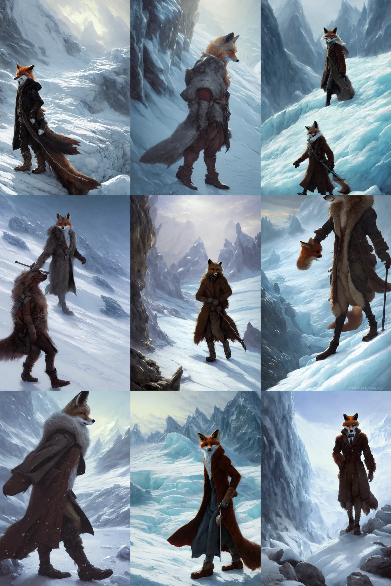 Prompt: an anthropomorphic fox man wearing a long coat walking across a glacier, character illustration by greg rutkowski, thomas kinkade, Aaron Miller, Howard Pyle, disney, El Greco, Cynthia Sheppard