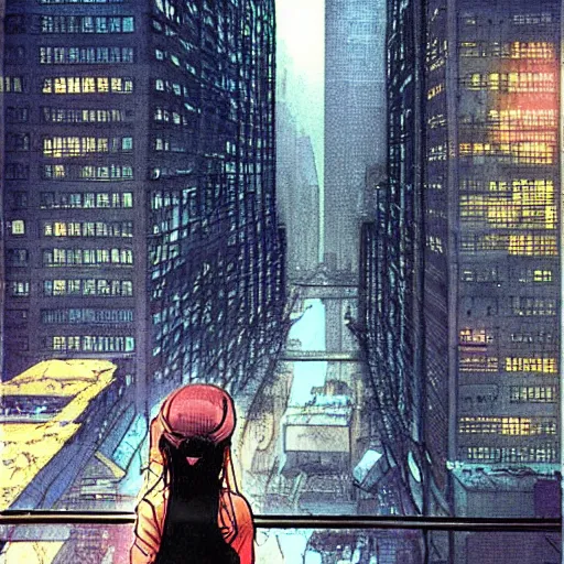 Image similar to “ a girl on a ledge overlooking futuristic new york city, ghostpunk, heavy rain, high detail, by moebius ”