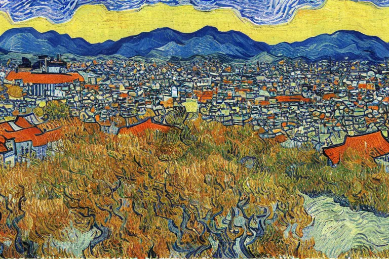 Image similar to Kyoto city painted by Vincent van Gogh, during autumn season, printed on glossy metal canvas