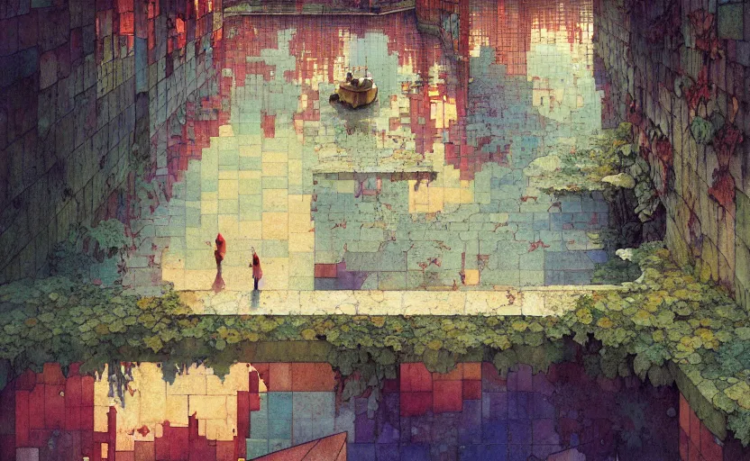 Image similar to tiled room squared waterway, fantasy. intricate, amazing composition, colorful watercolor, by ruan jia, by maxfield parrish, by marc simonetti, by hikari shimoda, by robert hubert, by zhang kechun, illustration, gloomy