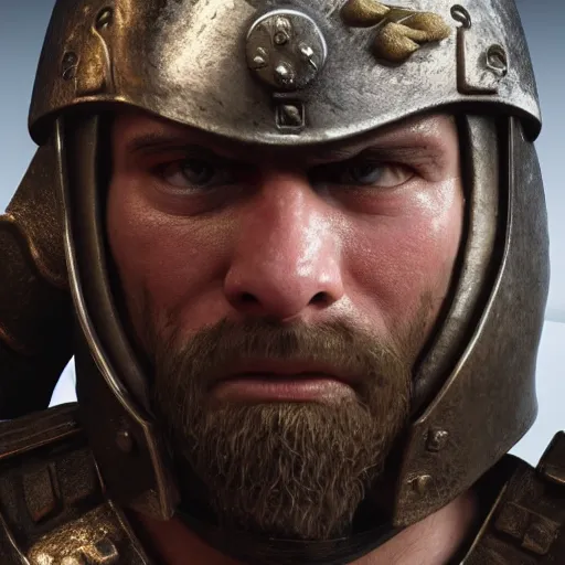 Prompt: a roman solider going into battle with a face that is angry and one that of breavey, 4 k, unreal engine 6, very detailed, high quality, highly rendered
