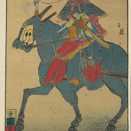 Image similar to late meiji period, colored woodblock print, medieval islamic warriors