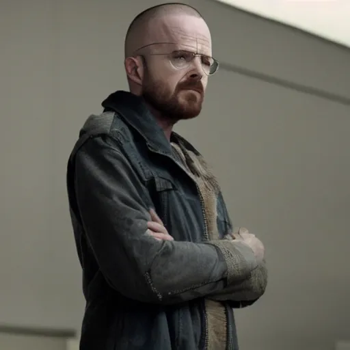 Image similar to Live Action Still of Aaron Paul dressed as Walter White, real life, hyperrealistic, ultra realistic, realistic, highly detailed, epic, HD quality, 8k resolution, body and headshot, film still