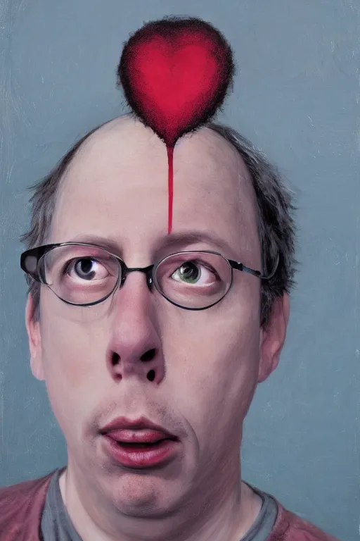 Image similar to todd solondz, a portrait of sick and thin todd solondz, clear todd solondz face, dreaming of kissing a girl, sad and lonley, vivid colors, soft lighting, atmospheric, cinematic, moody, in the style of jenni saville and krenz cushart, oil on canvas, 8 k