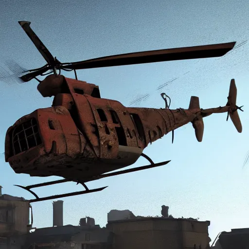 Image similar to apocalyptic, ruined town. rusted helicopter. volumetric lighting, sharp focus, ultra detailed, cgsociety - w 1 0 2 4 - n 8 - i