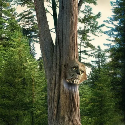 Image similar to tree in highway traffic. Sasquatch hides in the forest