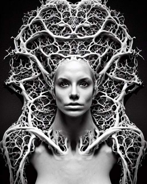 Image similar to a black and white high quality photo of a young beautiful female queen-vegetal-dragon-cyborg bust with a very long neck and Mandelbrot fractal face, Mandelbrot fractal skin, flesh, anatomical, facial muscles, veins, arteries, elegant, highly detailed, flesh highly baroque ornate, hair are wired cables, elegant, high fashion, rim light, octane render, in the style of Cindy Sherman, Realistic, Refined, Digital Art, Highly Detailed, Cinematic Lighting, rim light, black and white, photo-realistic, 8K