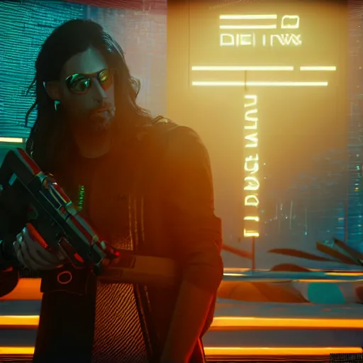 Image similar to Jesus in Cyberpunk 2077 with a pistol, concept art, unreal engine, 4k render, global illumination, blender, cycles, featured on artstation, pixiv