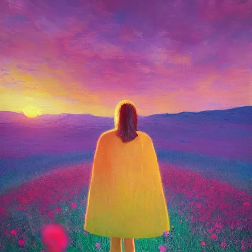 Image similar to girl with a flower face, surreal photography, standing in flower field, in a valley, sunrise dramatic light, impressionistic painting, colorful clouds, artstation, dali, simon stalenhag