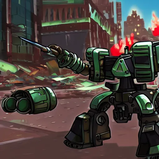 Image similar to agile mech dodging a barrage of rockets, wielding a sword, in a ruined cityscape