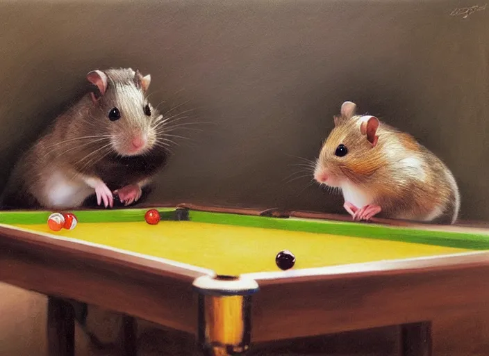 Image similar to a highly detailed beautiful portrait of a hamster playing pool, by gregory manchess, james gurney, james jean