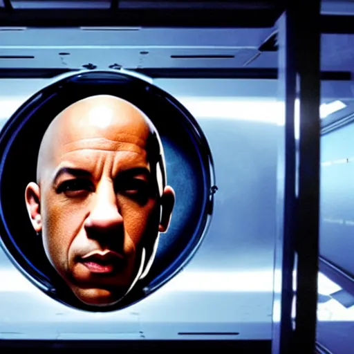 Prompt: vin diesel's head suspended floating in a glass tube, protruding from a supercomputer