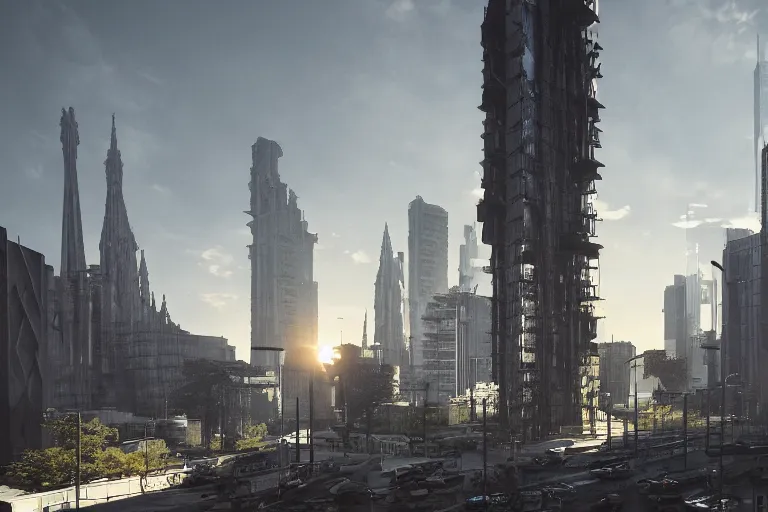 Image similar to streetscape, a towering cathedral of brutalist architecture, buildings covered with greebles, stunning volumetric light, sunset, metal, concrete and translucent material, stunning skies, majestic landscape, trending on Artstation, 8k, photorealistic, hyper detailed, unreal engine 5, IMAX quality, cinematic, epic lighting, in the style of Greg Rutkowski