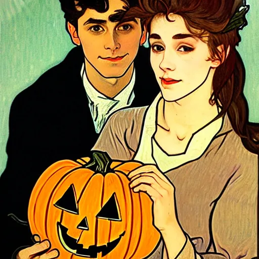 Image similar to painting of handsome young delicate beautiful jeffrey in his 2 0 s with brown hair and gorgeous rina together at the jack o'lantern halloween party holding pumpkins, elegant, clear, painting, stylized, art, art by alphonse mucha, vincent van gogh, egon schiele,