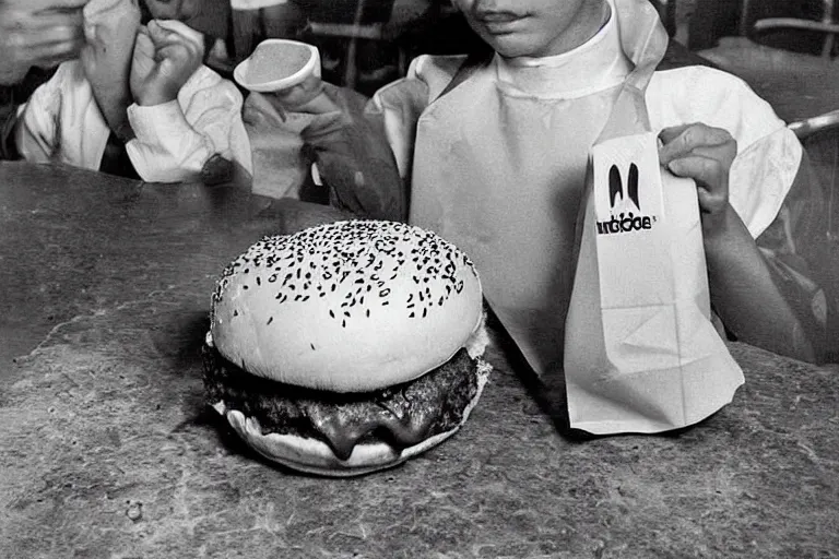 Image similar to mcdonalds hamburger blows up, historical photograph