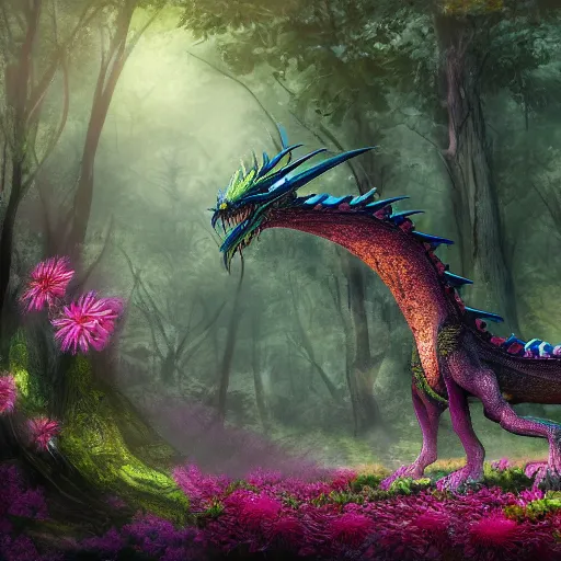 Image similar to a dragon made out of flowers, in a forest glade, 4 k digital artwork, concept art