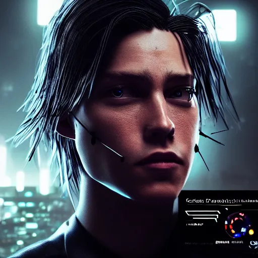 Prompt: dark portrait of cyberpunk Cole Sprouse, highly detailed, sharp focus, cyberpunk style, trending on artstation, unreal engine 5, 8k, 35mm, cinematic lighting