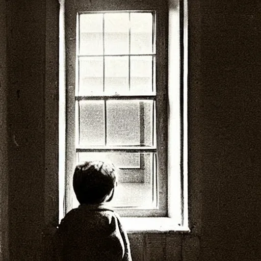 Image similar to an old photograph of a victorian child peering from a window in an abandoned mental asylum