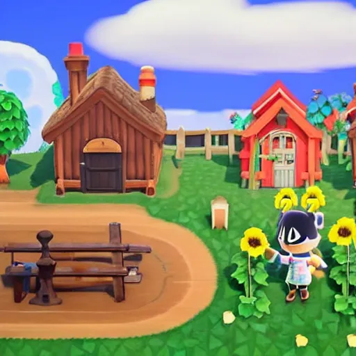 Image similar to village from animal crossing going on a shooting rampage