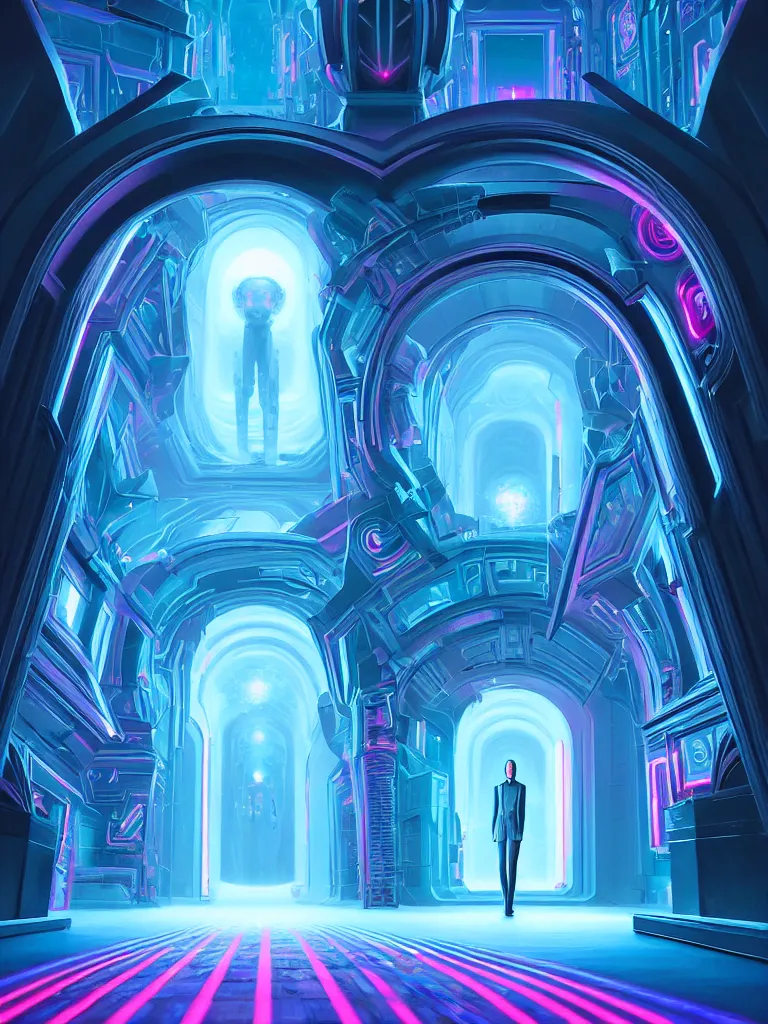 Image similar to symmetrical entrance to mainframe ethereal realm, ai sentient, octane render, symmetrical composition, dreamy colorful cyberpunk colors, 6 point perspective, fantasy landscape with anthropomorphic terrain in the styles of igor morski, jim warren and rob gonsalves, intricate, hyperrealistic, volumetric lighting, neon ambiance, distinct horizon