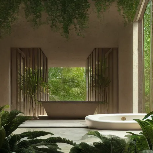 Image similar to exterior bathroom in the jungle designed by louis kahn, poetic architecture, greg rutkowski, digital painting, artstation