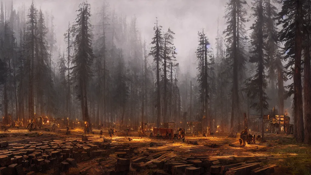 Prompt: panorma view of lumberyard with lumberjacks and forest in background, papyrus, watercolored, jakub rozalski, dark colours, dieselpunk, artstation