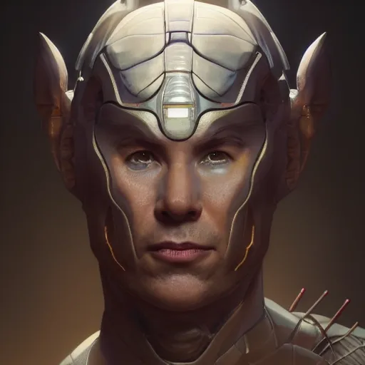 Image similar to a portait of cyborg michael mcintyre, there is a dragon in the background, anatomy, bathed in light, highly detailed, photorealistic, artstation, smooth, sharp focus, illustration, unreal engine 5, 8 k, art by artgerm and greg rutkowski and edgar maxence