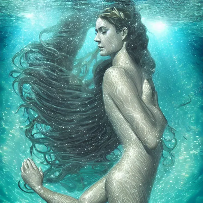 Image similar to goddess half submerged underwater, in the ocean, divine feminine energy, majestic, powerful, dark water, luminescent light surrounding her, detailed, photo - realistic