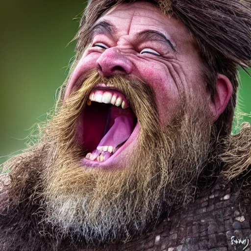 Prompt: Photorealistic photograph of dwarf warrior laughing by Suzi Eszterhas, photorealism, photorealistic, realism, real, highly detailed, ultra detailed, detailed, f/2.8L Canon EF IS lens, Canon EOS-1D Mark II, Wildlife Photographer of the Year, Pulitzer Prize for Photography, 8k