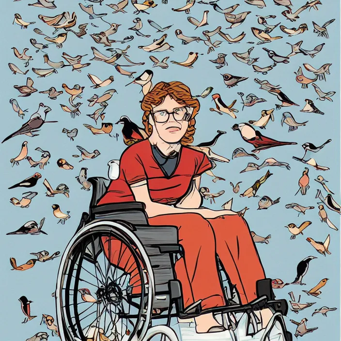 Prompt: a nerdy woman with glasses in a wheelchair, surrounded by birds, illustrated by mike mignolia,
