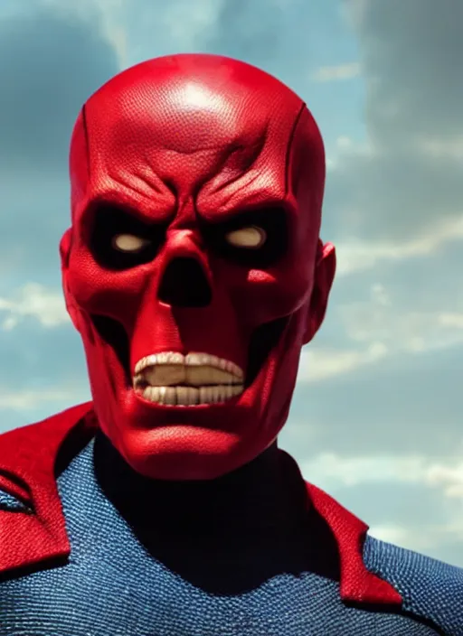 Image similar to movie still of red skull as superman in superman, 4 k