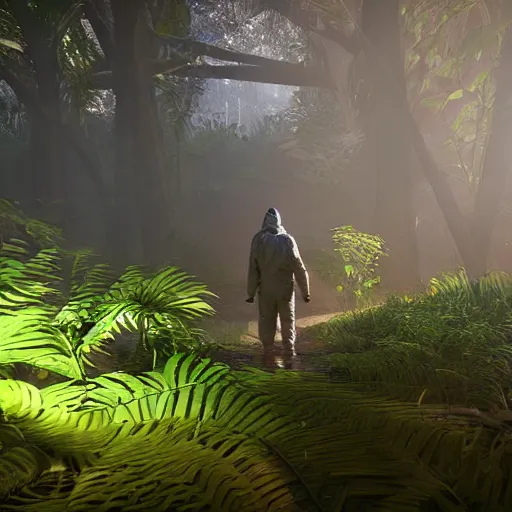 Image similar to a man wearing a hazmat suit, walking through a lush jungle, at night, red glow, unreal engine 5, ray traced, god rays, extremely high detail