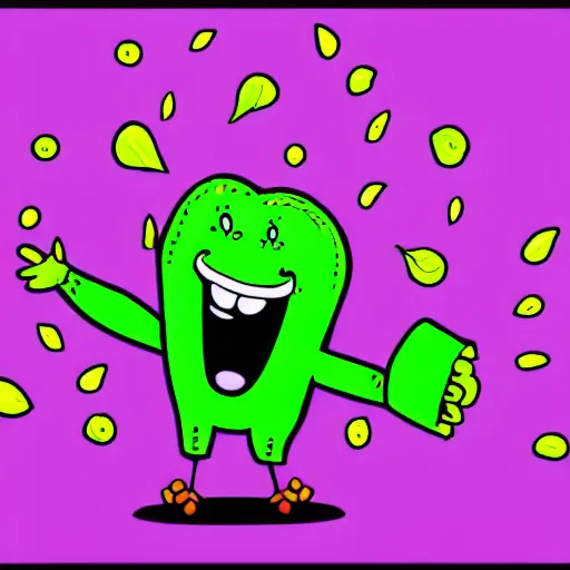 Prompt: a children illustration of a smiling happy broccoli, he is dancing, vivid bright colors