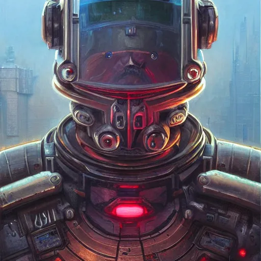 Image similar to the doomslayer as a realistic scifi cyberpunk knight, closeup portrait art by donato giancola and greg rutkowski, vintage retro scifi, realistic face, digital art, trending on artstation, color shifting face shield! symmetry!!!