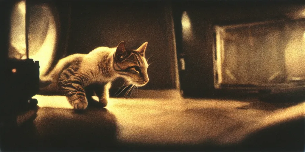 Image similar to detailed medium format photo, polaroid still from tarkovsky movie, a cat at the controls of a 1 9 7 0's spaceship, haze, high production value, intricate details, 8 k resolution, hyperrealistic, hdr, photorealistic, high definition, tehnicolor, award - winning photography, masterpiece, amazing colors