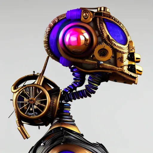 Image similar to a claymodel of a steampunk rococo spaced out futuristic robot head wearing multicolored tubes, 8 k, front shot, symetrical, flourescent colors, halluzinogenic, multicolored, exaggerated detailed, front shot, 3 d render, octane