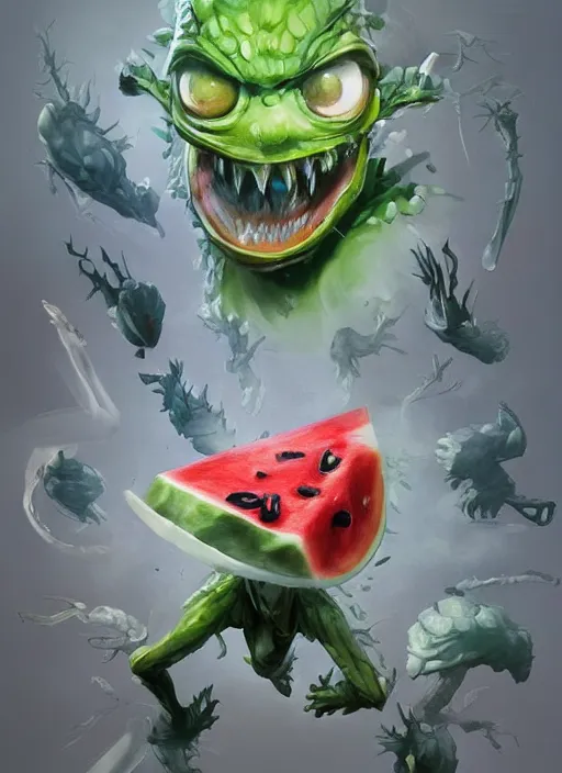 Image similar to semi reallistic gouache gesture painting, by yoshitaka amano, by ruan jia, by Conrad roset, by dofus online artists, detailed anime 3d render alien watermelon monster, watermelon alien terrible monster, antrophomorfic watermelon, portrait, cgsociety, artstation, rococo mechanical, Digital reality, sf5 ink style, dieselpunk atmosphere, gesture drawn