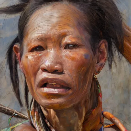 Image similar to high quality high detail painting by jenny saville, hd, a skinny beautiful kayan female tribe leader, hair in wind, photorealistic lighting