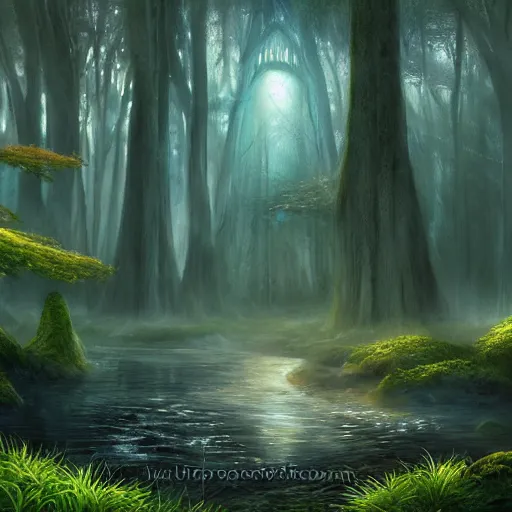Image similar to a beutiful magical forest with a blue power source with runes on the side and a magical river by the side foggy realistic atmosferic casper david friedrich raphael lacoste vladimir kush leis royo volumetric light effect broad light oil painting painting fantasy art style sci - fi art style realism artwork unreal engine