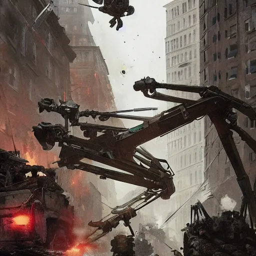 Image similar to spider robots terrorise streets of weimar germany and attack freikorps soldiers and civilians, intense heavy street battle, bullet hell, pile of bodies, art by greg rutkowski and jakub rozalski