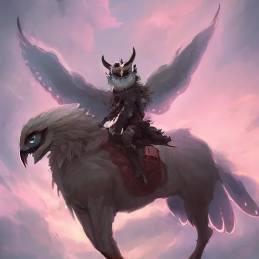 Image similar to a super cute demon riding on owl, anime, manga, kawaii, avtar, magical world, by greg rutkowski, sung choi, photo realistic, 8 k, cinematic lighting, hd, atmospheric, hyperdetailed, trending on artstation, devainart, digital painting, glow effect