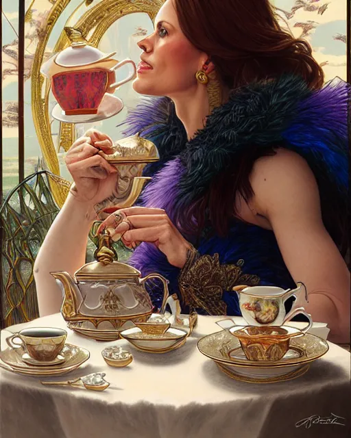 Image similar to Portrait of Jodie Marsh & a mallard & a pig having tea at the Ritz, real life skin, intricate, elegant, highly detailed, artstation, concept art, smooth, sharp focus, art by artgerm and greg rutkowski and alphonse mucha