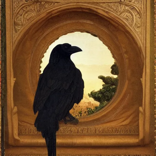 Image similar to beautifully detailed portrait of a detailed raven looking at a book laid out on a golden silk cloth, in a serene beautiful stone arched garden at beautiful sunrise by frederic leighton and by rosetti and sidney cooper, 4 k, artstation