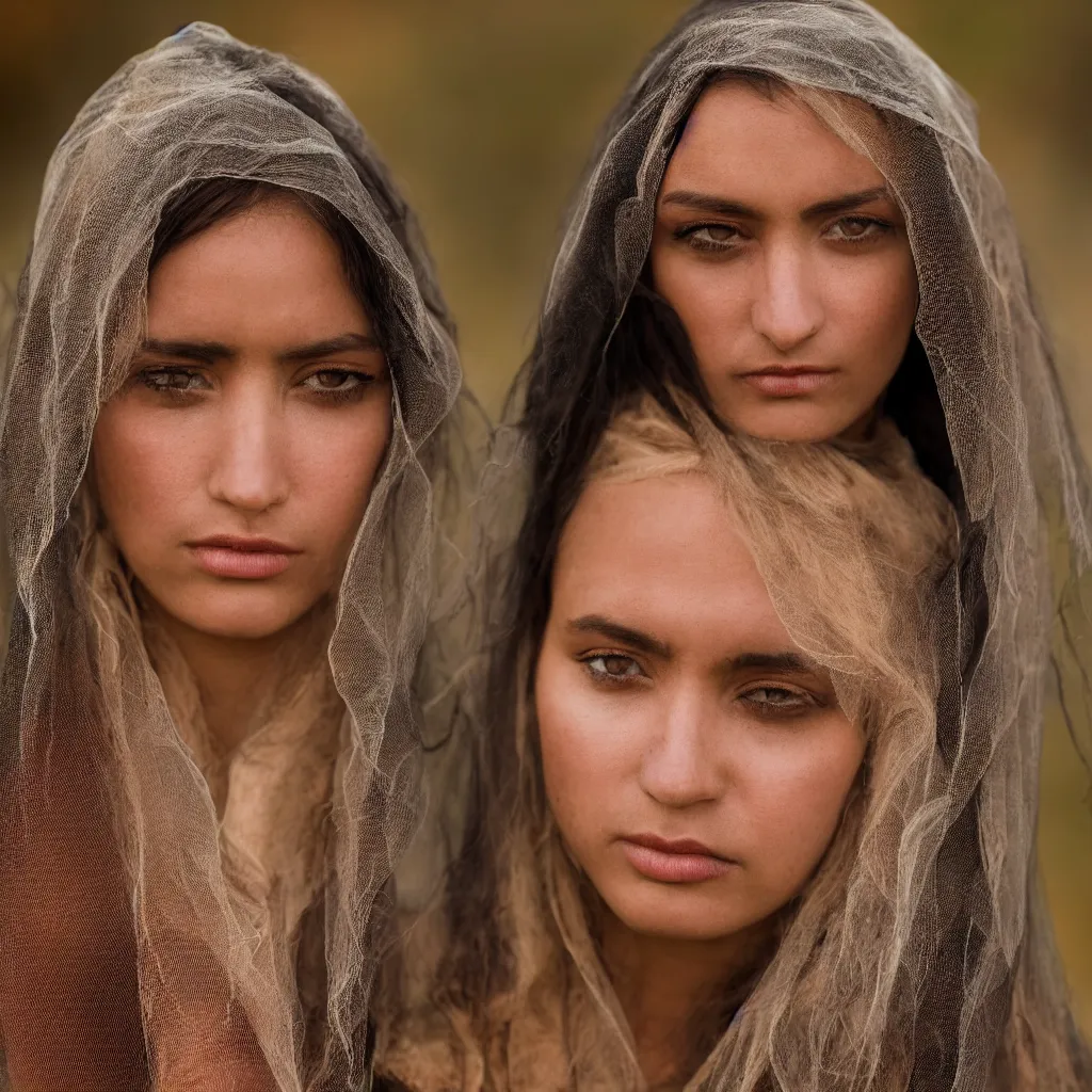 Prompt: highly detailed portrait fashion photography of a sad face gazing at the camera, wearing a velvet widow veil, in autumn, 135mm f5 at the Giza Pyramid